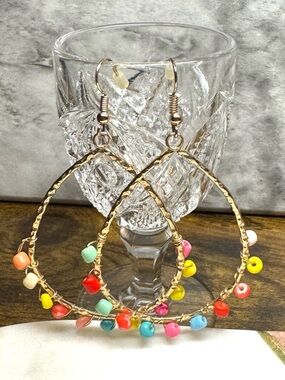 Colorful Beaded Teardrop Hoop Earrings Gold Tone Boho Dangle